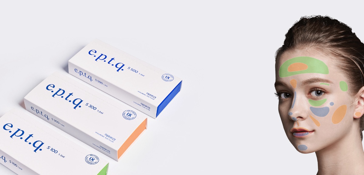 Kutije e.p.t.q. dermalnih filera S 100, S 300 i S 500 uz prikaz zona primjene na licu modela